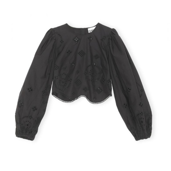 Ganni Broderie Anglaise Cropped Balloon Sleeve Top Black Summer Eyelet Lace - Picture 3 of 14